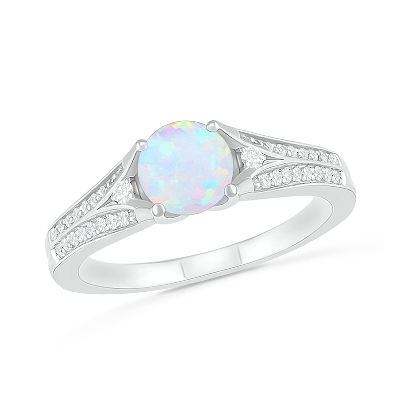 Main Image 1 of 6.0mm Lab-Created Opal and White Sapphire Split Shank Ring in Sterling Silver