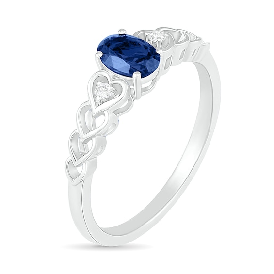 Oval Lab-Created Blue Sapphire and Diamond Accent Heart-Sides Trio Ring in Sterling Silver Oval Lab-Created Blue Sapphire and Diamond Accent Heart-Sides Trio Ring in Sterling Silver
