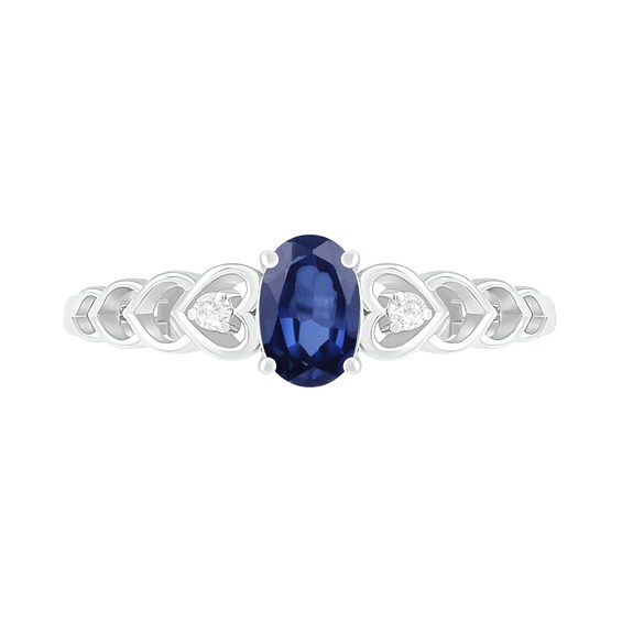 Oval Lab-Created Blue Sapphire and Diamond Accent Heart-Sides Trio Ring in Sterling Silver Oval Lab-Created Blue Sapphire and Diamond Accent Heart-Sides Trio Ring in Sterling Silver