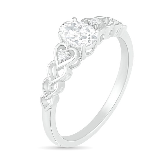 Oval Lab-Created White Sapphire and Diamond Accent Heart-Sides Trio Ring in Sterling S