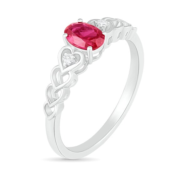 Oval Lab-Created Ruby and Diamond Accent Heart-Sides Trio Ring in Sterling Silver Oval Lab-Created Ruby and Diamond Accent Heart-Sides Trio Ring in Sterling Silver