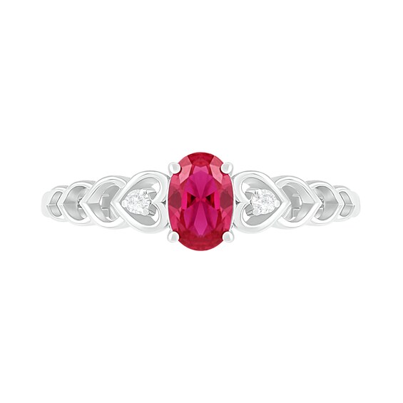 Oval Lab-Created Ruby and Diamond Accent Heart-Sides Trio Ring in Sterling Silver Oval Lab-Created Ruby and Diamond Accent Heart-Sides Trio Ring in Sterling Silver