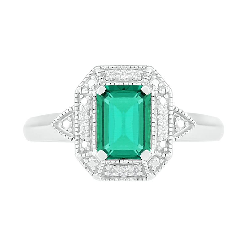 Emerald-Cut Lab-Created Emerald and 1/20 CT. T.W. Diamond Octagonal Frame Art Deco Vintage-Style Ring in Sterling Silver