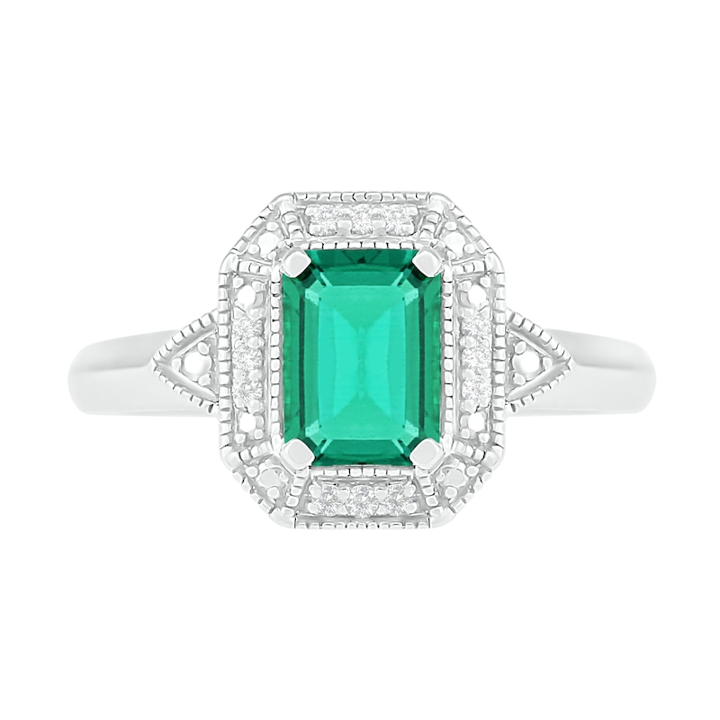 Main Image 3 of Emerald-Cut Lab-Created Emerald and 1/20 CT. T.W. Diamond Octagonal Frame Art Deco Vintage-Style Ring in Sterling Silver