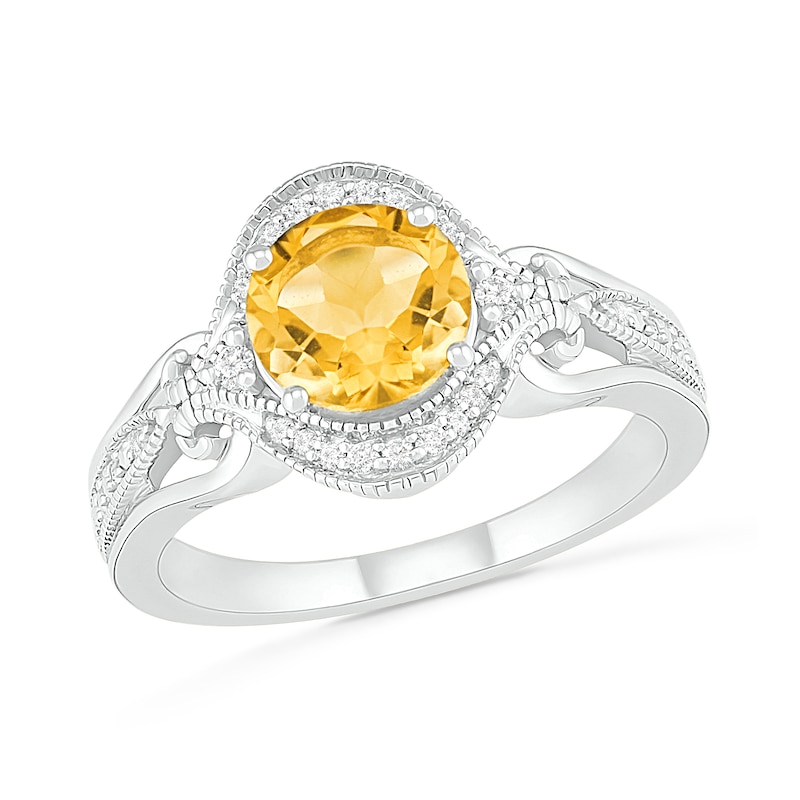 7.0mm Citrine and 1/10 CT. T.W. Diamond Scroll Frame Split Shank Vintage-Style Ring in Sterling Silver