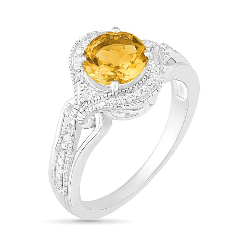 7.0mm Citrine and 1/10 CT. T.W. Diamond Scroll Frame Split Shank Vintage-Style Ring in Sterling Silver