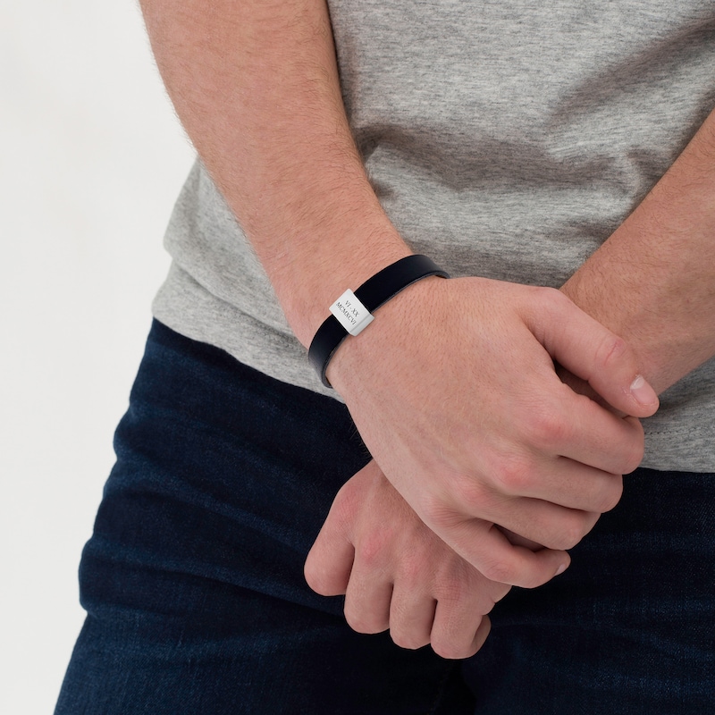 Men's Engravable Black or Brown Leather Bracelet with Sliding Accent in Sterling Silver (1-3 Lines) - 8.5"