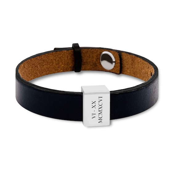 Engravable Black or Brown Leather Bracelet with Sliding Accent in Sterling Silver (1-3 Lines) - 8.5"