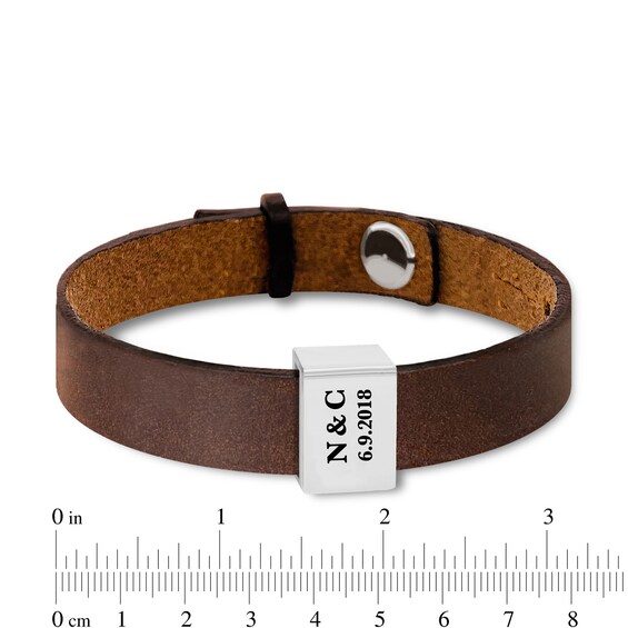 Engravable Black or Brown Leather Bracelet with Sliding Accent in Sterling Silver (1-3 Lines) - 8.5"