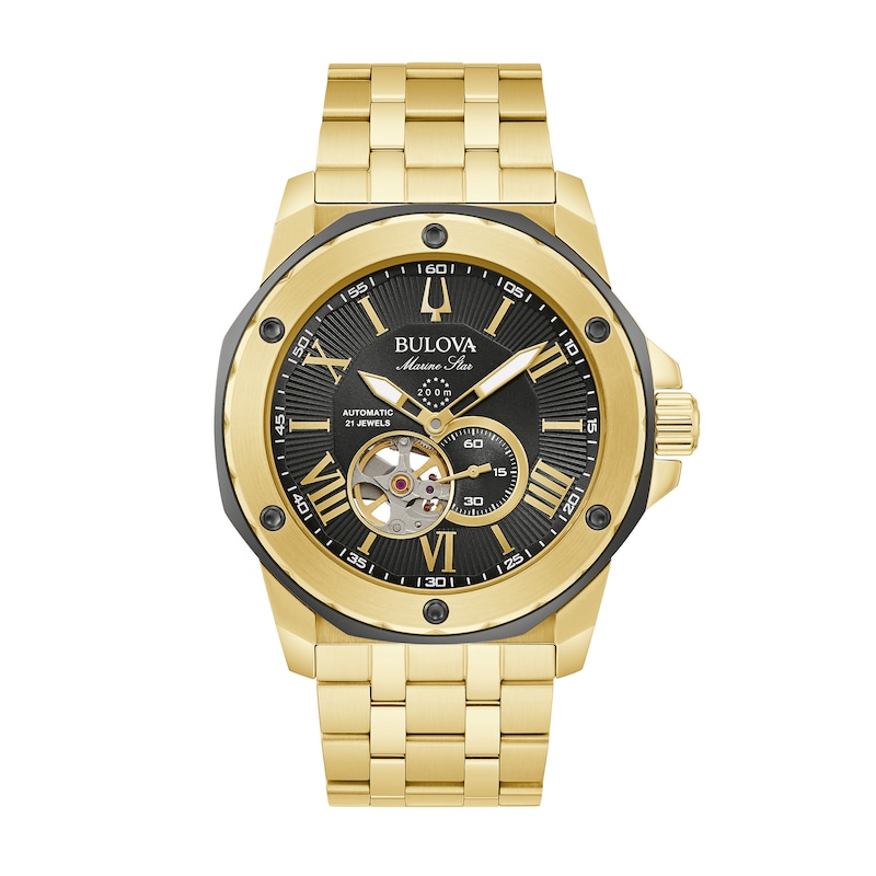 Men's Exclusive Bulova Marine Star Two-Tone Watch with Black Skeleton Dial (Model: 98A273)