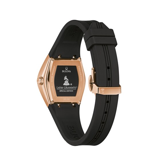 Ladies' Special Edition Bulova Modern Latin GrammyÂ® Gemini Two-Tone Strap Watch with Tonneau Black Dial (Model: 97L163)