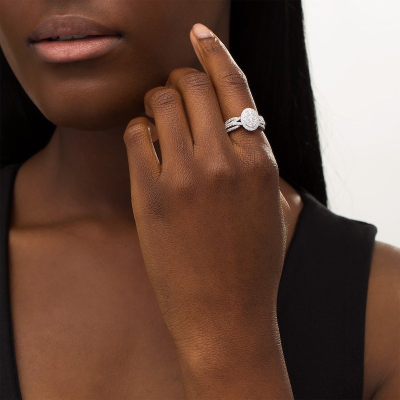 Main Image 2 of 1 CT. T.W. Certified Lab-Grown Diamond Oval Frame Split Shank Ring in 14K White Gold (F/SI2)