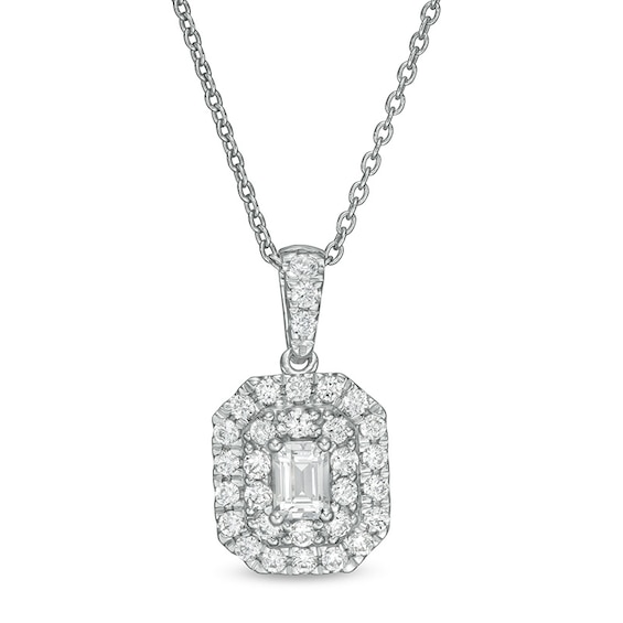 1/2 CT. T.w. Certified Emerald-Cut Lab-Grown Diamond Octagonal Double Frame Pendant in 14K White Gold (F/Si2)