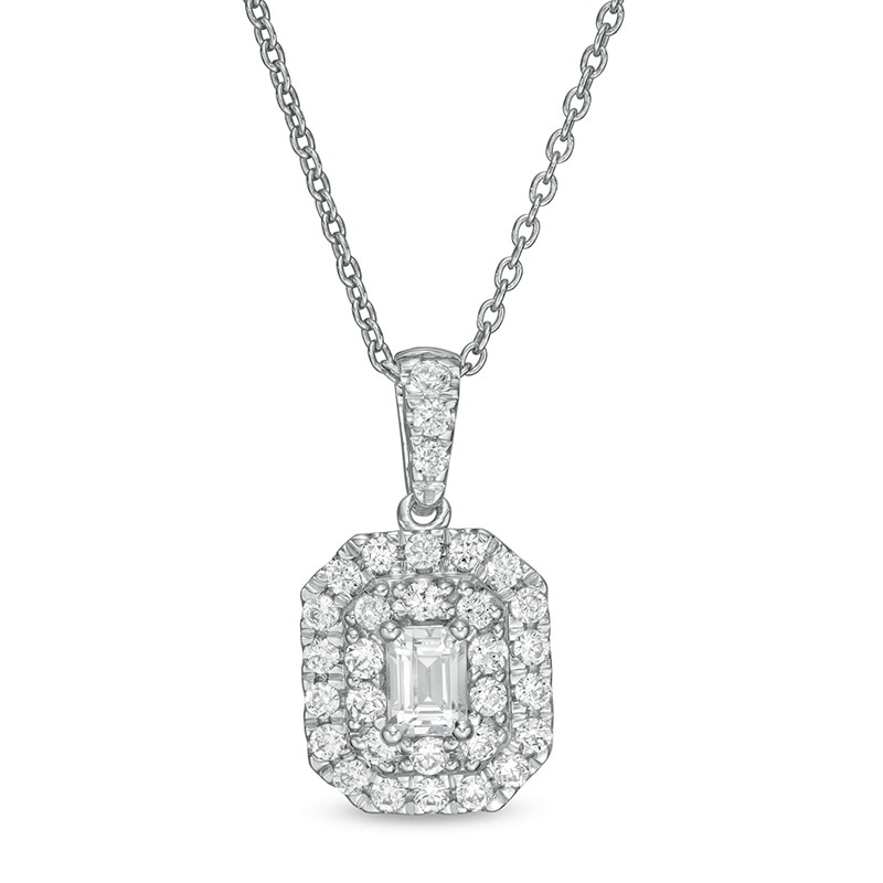 Main Image 1 of 1/2 CT. T.W. Certified Emerald-Cut Lab-Grown Diamond Octagonal Double Frame Pendant in 14K White Gold (F/SI2)