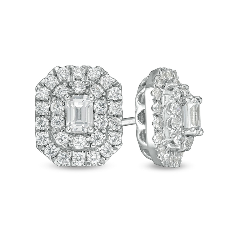 Main Image 1 of 1 CT. T.W. Certified Emerald-Cut Lab-Grown Diamond Octagonal Double Frame Stud Earrings in 14K White Gold (F/SI2)