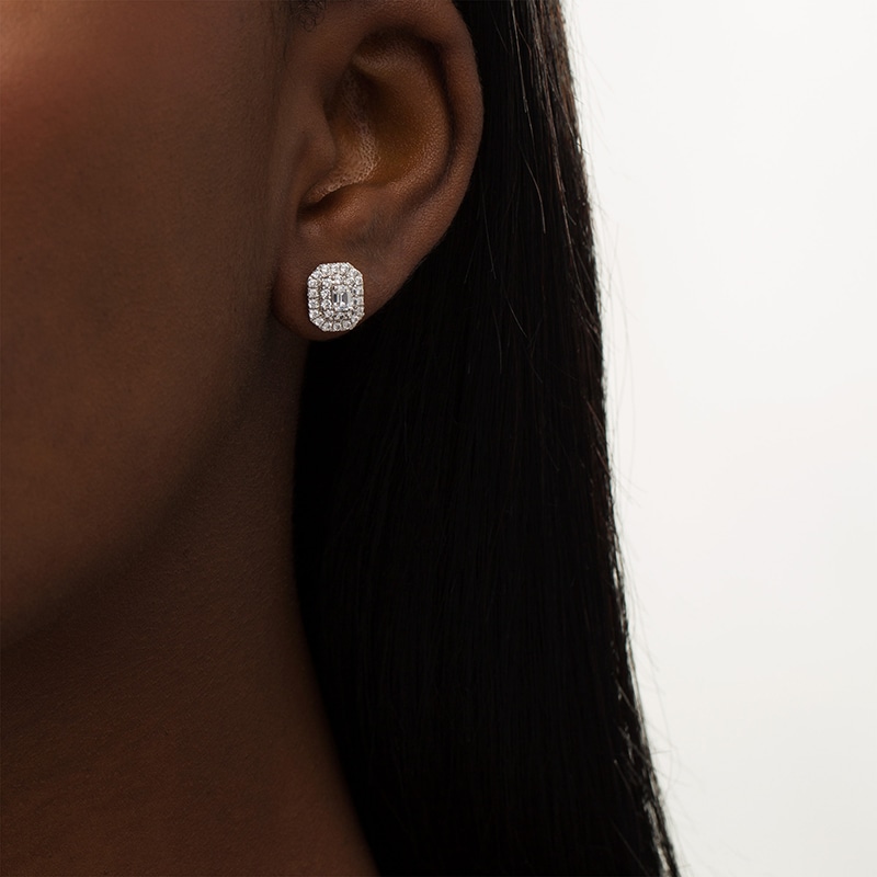 Main Image 2 of 1 CT. T.W. Certified Emerald-Cut Lab-Grown Diamond Octagonal Double Frame Stud Earrings in 14K White Gold (F/SI2)