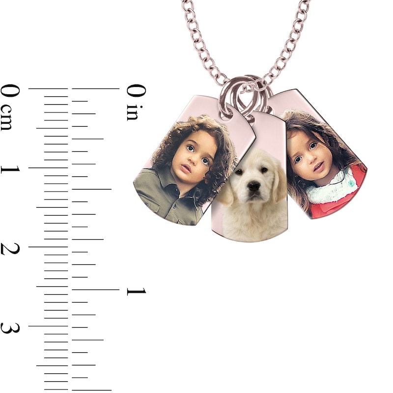 Small Engravable Photo Dog Tag Trio Pendant in 10K White, Yellow or Rose Gold (3 Images and 3 Lines)