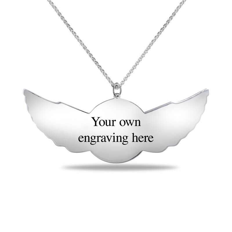 Men's Engravable Photo Disc with Angel Wings Pendant in Sterling Silver (1 Image and 4 Lines)