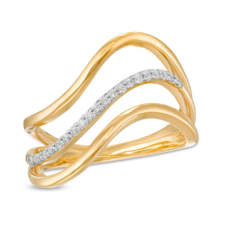 Main Image 1 of Remixed Reimagined 1/10 CT. T.W. Diamond Triple Row Split Shank Wave Ring in 10K Gold