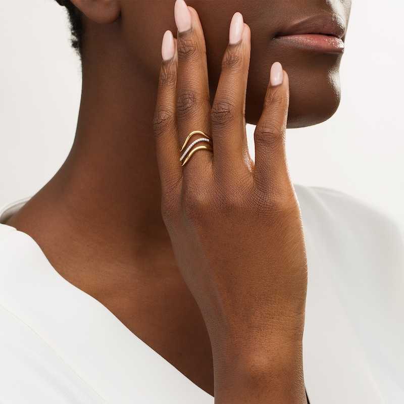 Main Image 2 of Remixed Reimagined 1/10 CT. T.W. Diamond Triple Row Split Shank Wave Ring in 10K Gold