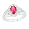 Thumbnail Image 0 of Oval Lab-Created Ruby and 1/8 CT. T.W. Diamond Frame Leaf-Sides Split Shank Vintage-Style Ring in Sterling Silver