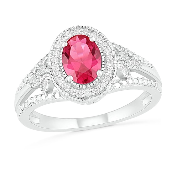 Oval Lab-Created Ruby and 1/8 CT. T.w. Diamond Frame Leaf-Sides Split Shank Vintage-Style Ring in Sterling Silver