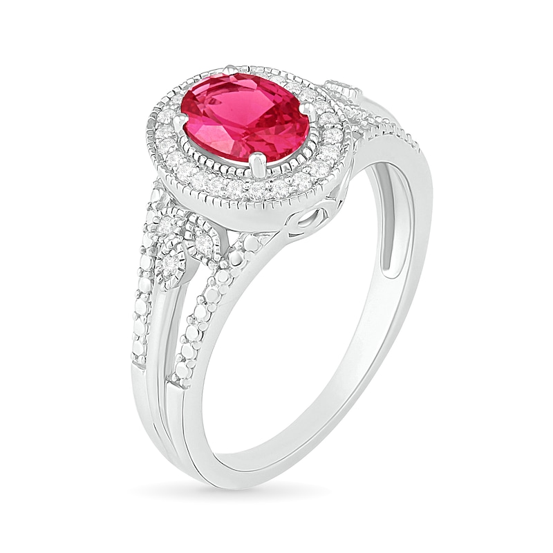 Oval Lab-Created Ruby and 1/8 CT. T.W. Diamond Frame Leaf-Sides Split Shank Vintage-Style Ring in Sterling Silver