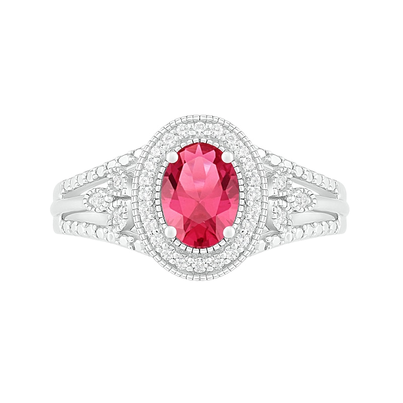 Oval Lab-Created Ruby and 1/8 CT. T.W. Diamond Frame Leaf-Sides Split Shank Vintage-Style Ring in Sterling Silver