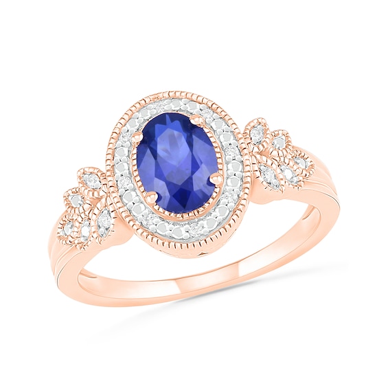 Oval Blue Lab-Created Sapphire and 1/20 CT. T.w. Diamond Frame Leaf-Sides Triple Row Vintage-Style Ring in 10K Rose Gold
