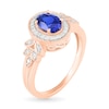 Oval Blue Lab-Created Sapphire and 1/20 CT. T.W. Diamond Frame Leaf-Sides Triple Row Vintage-Style Ring in 10K Rose Gold