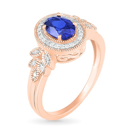 Oval Blue Lab-Created Sapphire and 1/20 CT. T.w. Diamond Frame Leaf-Sides Triple Row Vintage-Style Ring in 10K Rose Gold
