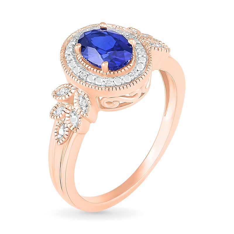 Main Image 2 of Oval Blue Lab-Created Sapphire and 1/20 CT. T.W. Diamond Frame Leaf-Sides Triple Row Vintage-Style Ring in 10K Rose Gold
