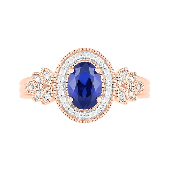 Oval Blue Lab-Created Sapphire and 1/20 CT. T.w. Diamond Frame Leaf-Sides Triple Row Vintage-Style Ring in 10K Rose Gold