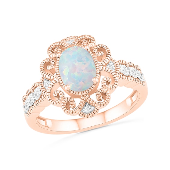 Oval Lab-Created Opal and 1/20 CT. T.W. Diamond Scroll Frame Scallop Shank Vintage-Style Ring in 10K Rose Gold Oval Lab-Created Opal and 1/20 CT. T.W. Diamond Scroll Frame Scallop Shank Vintage-Style Ring in 10K Rose Gold