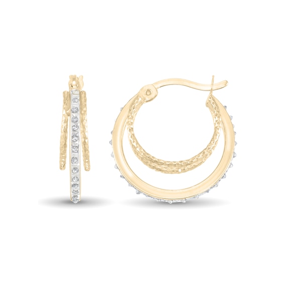 Diamond Fascination™ 18.0mm Triple Hoop Earrings in Sterling Silver with 18K Gold Plate
