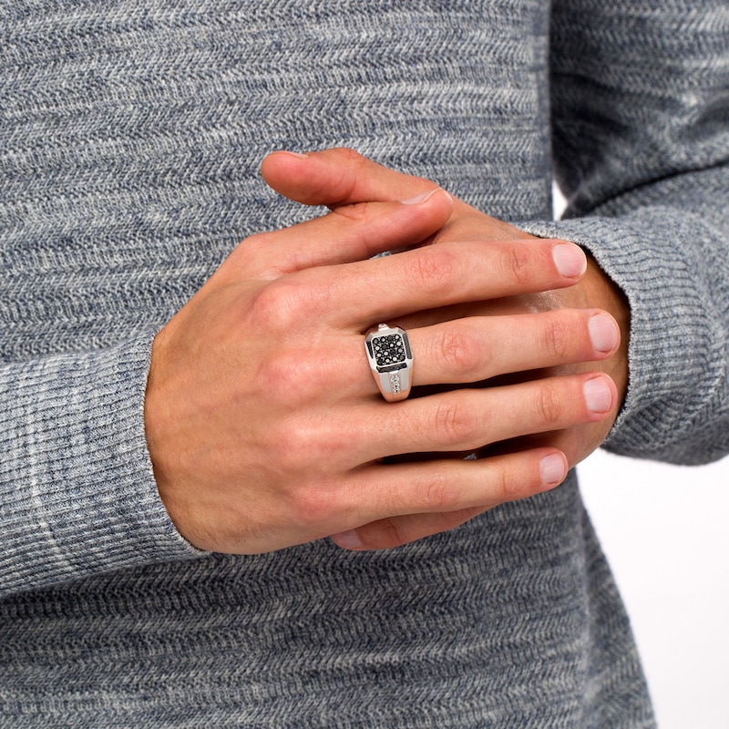 Men's 1 CT. T.W. Octagonal Composite Enhanced Black and White Diamond Stepped Edge Ring in Sterling Silver - Size 10