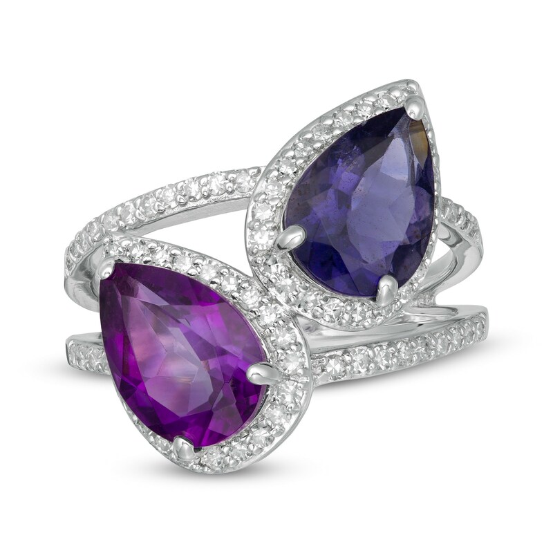 Main Image 1 of Marilyn Monroe™ Collection Pear-Shaped Amethyst and Iolite with 1/2 CT. T.W. Diamond Ring in Sterling Silver