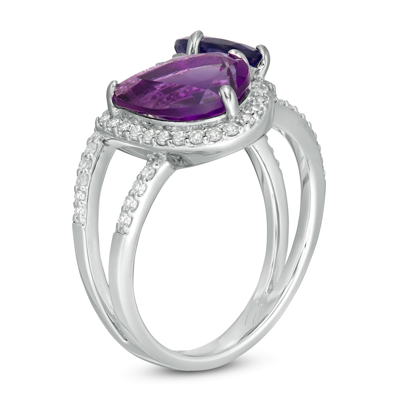 Main Image 2 of Marilyn Monroe™ Collection Pear-Shaped Amethyst and Iolite with 1/2 CT. T.W. Diamond Ring in Sterling Silver