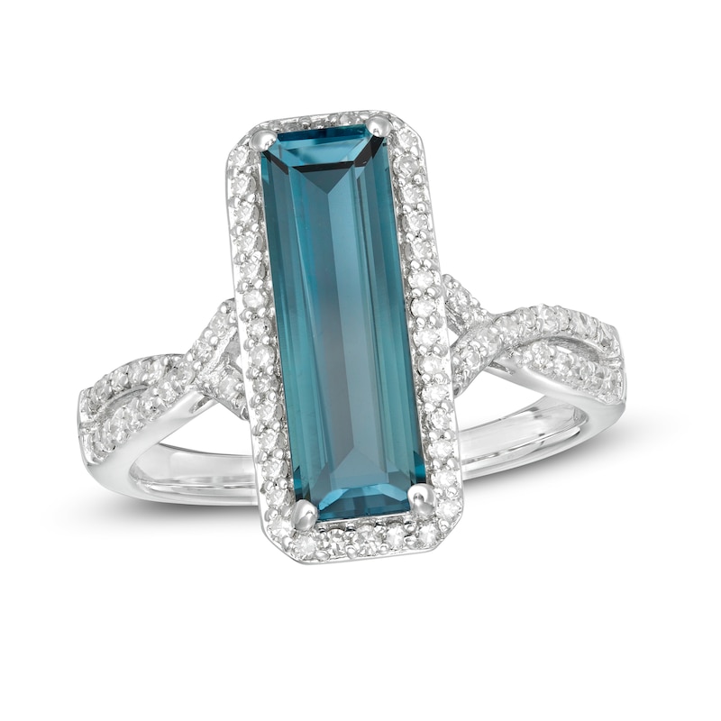 Marilyn Monroe™ Collection Elongated Emerald-Cut London Blue Topaz and 1/3 CT. T.W. Diamond Ring in Sterling Silver
