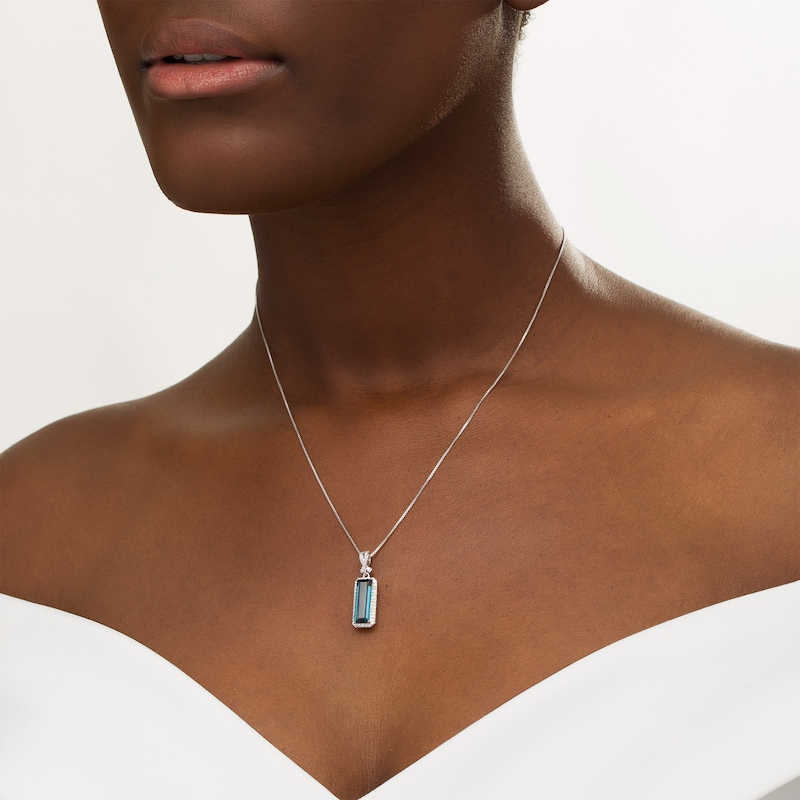 Main Image 3 of Marilyn Monroe™ Collection Emerald-Cut London Blue Topaz and 1/5 CT. T.W. Diamond Frame Pendant in Sterling Silver