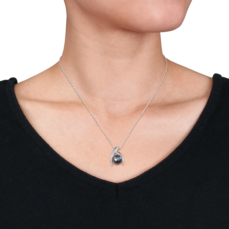 9.5-10.0mm Black Tahitian Cultured Pearl Wishbone Pendant in Sterling Silver