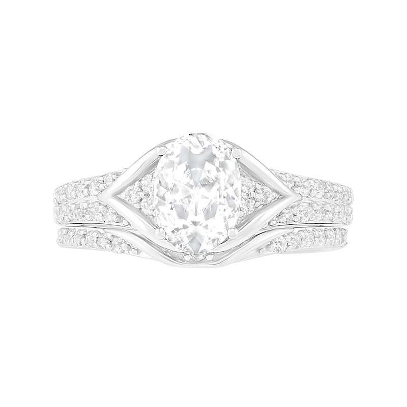 Oval Lab-Created White Sapphire Tri-Sides Split Frame Multi-Row Bridal Set in Sterling Silver