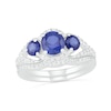 Lab-Created Blue and White Sapphire Frame Three Stone Split Shank Bridal Set in Sterling Silver
