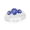 Thumbnail Image 1 of Lab-Created Blue and White Sapphire Frame Three Stone Split Shank Bridal Set in Sterling Silver