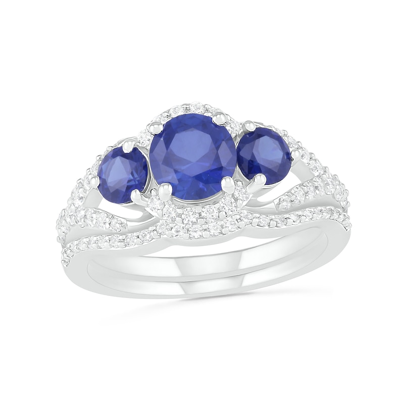 Main Image 1 of Lab-Created Blue and White Sapphire Frame Three Stone Split Shank Bridal Set in Sterling Silver