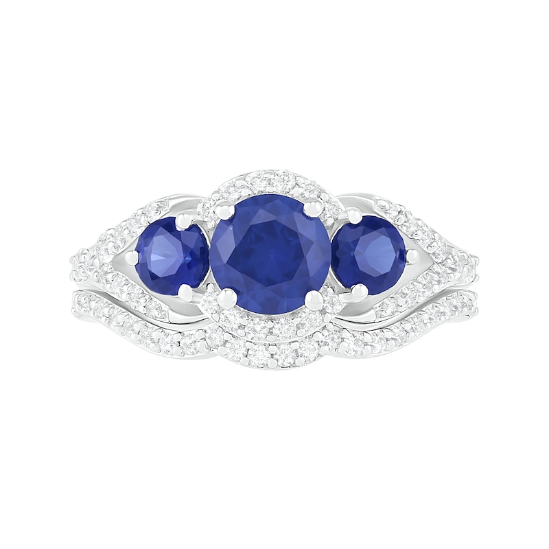 Main Image 3 of Lab-Created Blue and White Sapphire Frame Three Stone Split Shank Bridal Set in Sterling Silver