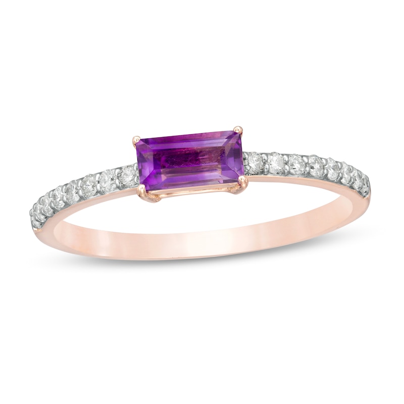 Main Image 1 of Marilyn Monroe™ Collection Baguette Amethyst and 1/6 CT. T.W. Diamond Ring in Sterling Silver with 18K Rose GP - Size 7