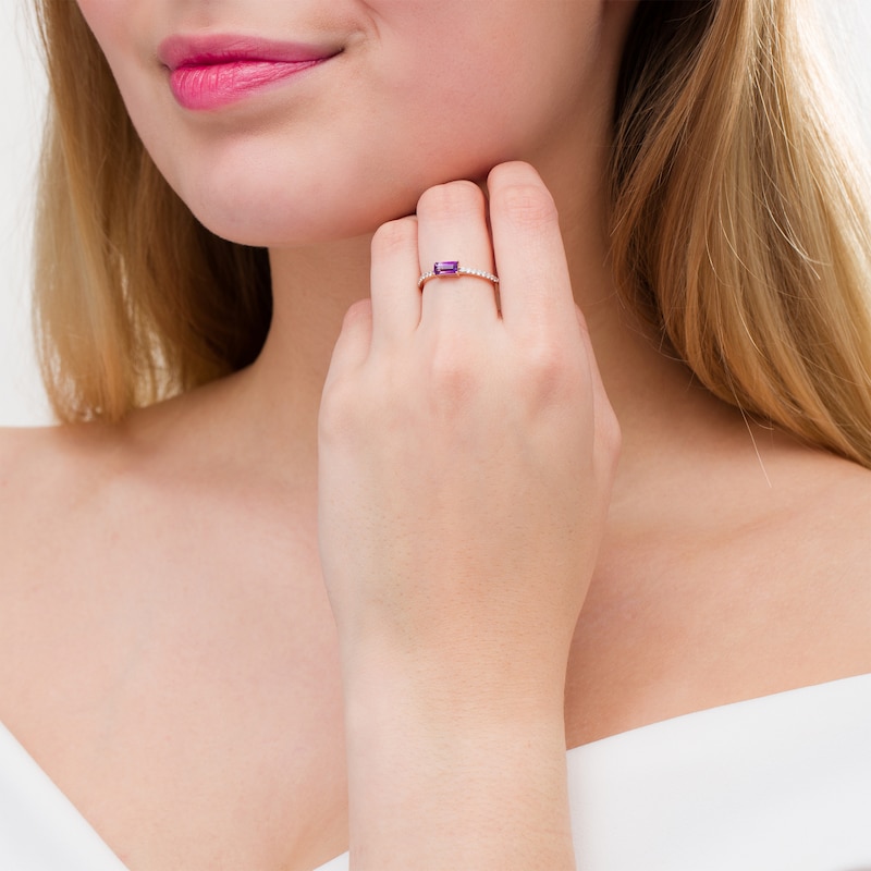 Main Image 3 of Marilyn Monroe™ Collection Baguette Amethyst and 1/6 CT. T.W. Diamond Ring in Sterling Silver with 18K Rose GP - Size 7