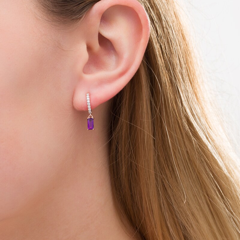Main Image 3 of Marilyn Monroe™ Collection Baguette Amethyst and 1/6 CT. T.W. Diamond Earrings in Sterling Silver with 18K Rose GP