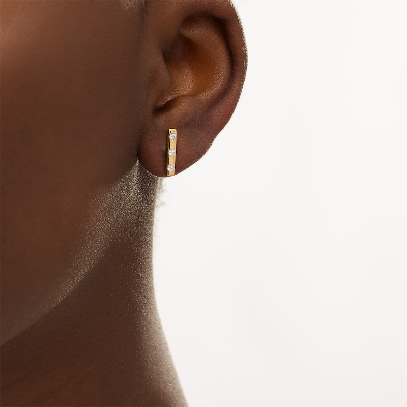 Main Image 2 of Remixed Reimagined 1/6 CT. T.W. Diamond Three Stone Vertical Bar Stud Earrings in 10K Gold